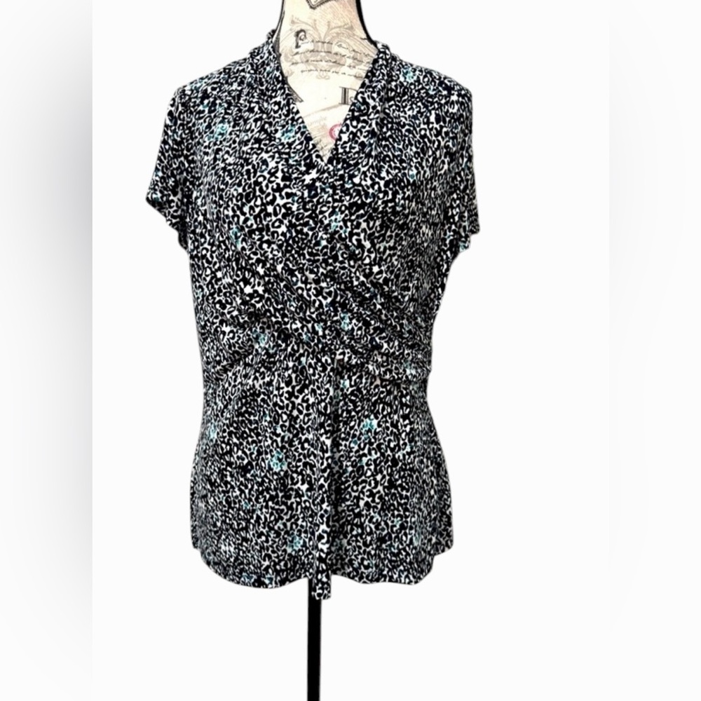 Dkny Black and White Leopard Print Wrap Blouse with Teal Spots